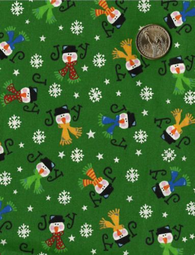Christmas Joy/Snowman Print on Green Fabric.  