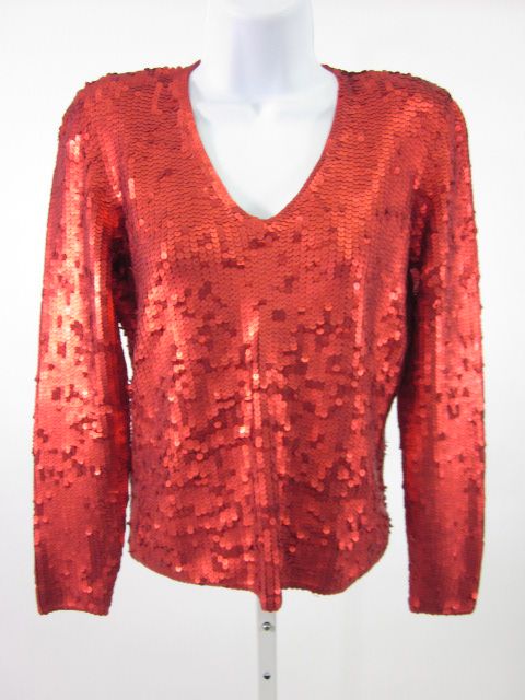 WORTH Red Sequin Silk V Neck Shirt Top Size Petite  