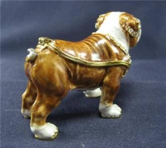 Tan English Bulldog Trinket Box Swarovski Bejeweled  