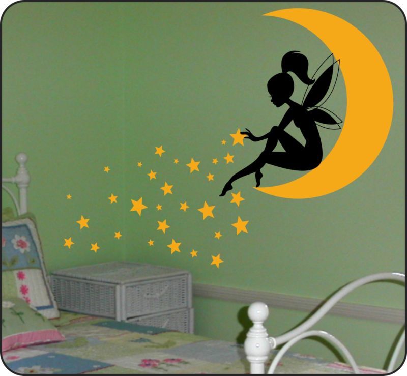 Whimsy Fairy w/ Wand on Moon & Blowing Stars Wall Decal  