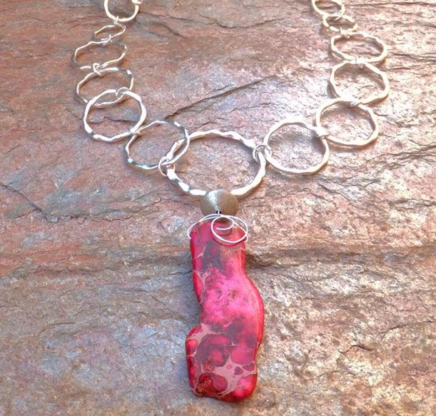 HOT PINK GOLD VEIN TURQUOISE PENDANT silver CHAIN NECKLACE SNAKESKIN 