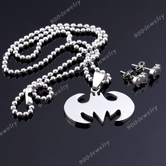   Stainless Steel Batman Bat Pendant Necklace + Ear Stud Earring Jewelry