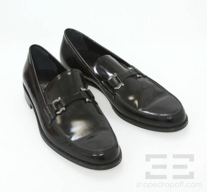   Ferragamo Black Leather & Silver Gancini Bit Mens Loafers Sz 13D NEW