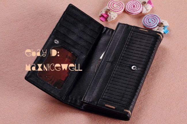 Womens Button PU Leather Bowknot Weaving Wallet Clutch Purse Lady 