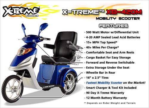 Fast X Treme XB 420M 3 Wheel Electric Mobility Scooter, 500W, Lights 