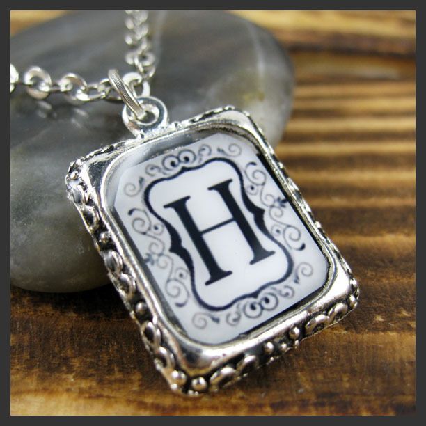Initial Letter A  R Vintage Silver Square Setting Charm Pendant 