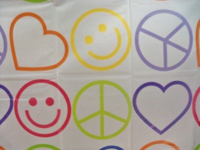 LOVE PEACE SIGN HAPPY FACE Heart Novelty Vinyl Shower Curtain Hippie 